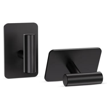 Imagem de Ganchos pretos para pendurar resistentes, ganchos adesivos para chuveiro, banheiro, cozinha, roupão, toalha, casaco, gancho para paredes sem danos, gancho adesivo de aço inoxidável - pacote com 2