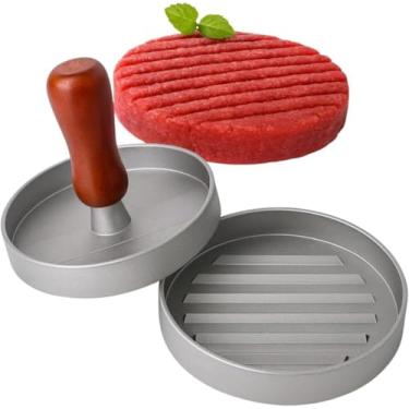 Imagem de Prensa para Hambúrguer com Cabo de Madeira, Alumínio, Formato Redondo, Molde para Hambúrguer Caseiro