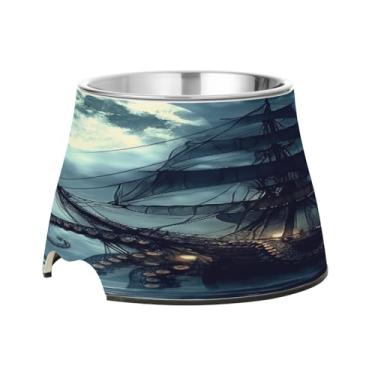 Imagem de Blueangle Tigelas elevadas para cães com aço inoxidável - Prato antiderrapante de 2,3 xícaras para animais de estimação de alta capacidade para saúde da coluna e design de navio pirata (277)