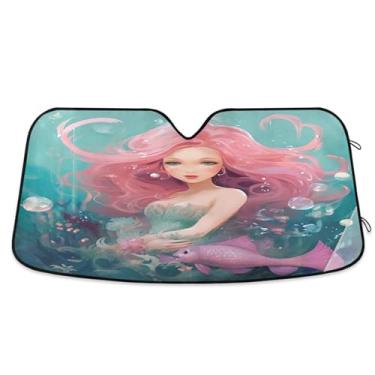 Imagem de ATTX Para-brisa de carro sereia havaiana 144.8 cm x 80.0 cm escudo solar universal com proteção UV, persiana de janela frontal automática dobrável para caminhões Sedans SUVs #512