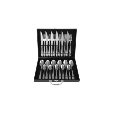 Imagem de Conjunto de Talheres 24 Peças em Aço Inoxidável com Maleta Preta, Acabamento Espelhado, 6 Colheres de Mesa, 6 Garfos, 6 Facas, 6 Colheres de Sobremesa