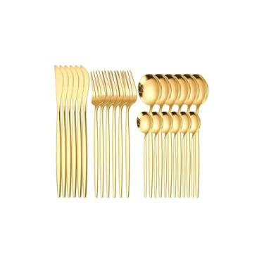 Imagem de Conjunto de Talheres 24 Peças, Aço Inox, Dourado, 6 Garfos, 6 Facas, 6 Colheres de Mesa, 6 Colheres de Sobremesa, 674g