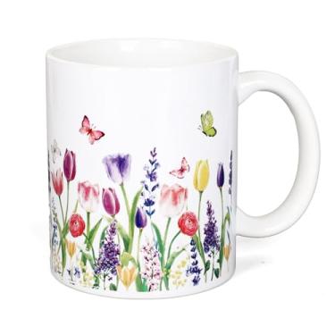 Imagem de FYSUIMU Caneca de tulipa primavera com alça flor borboleta caneca de café 340 g copos de cerâmica floral para escritório em casa, lembrancinhas de festa de amigas