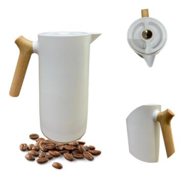 Imagem de Garrafa Térmica 1 Litro com Ampola de Vidro e Cabo de Madeira - Botão Click Anti-Vazamento, Mantém Café e Chá Quentes/Frios por Muito Tempo, Design Sofisticado(Branco)