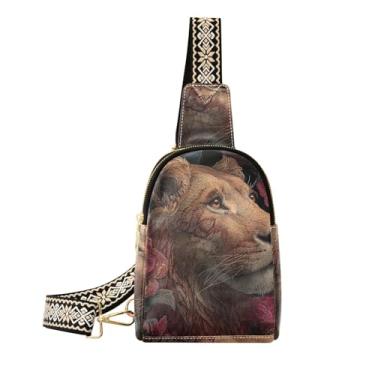 Imagem de CEBUGI Bolsa tiracolo feminina Lion Rose pequena de couro, pochete transversal para trilhas, viagens ao ar livre