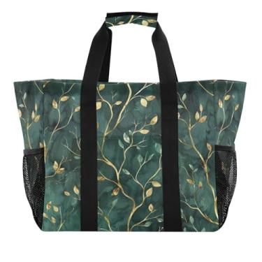Imagem de Wassud Sacolas de compras reutilizáveis de folhas verdes douradas grande bolsa organizadora de lona impermeável para praia, piquenique, lavanderia, viagem