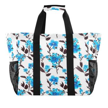 Imagem de Wassud Sacolas de compras reutilizáveis em aquarela azul floral grande bolsa organizadora de lona impermeável para praia, piquenique, lavanderia, viagem