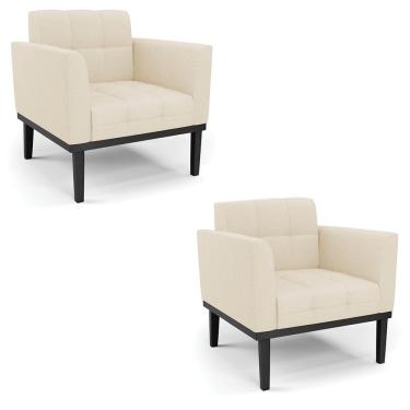 Imagem de Poltrona Base De Madeira Fixa Preto Kit 2 Elisa Linho Bege A19 D03 - D'rossi