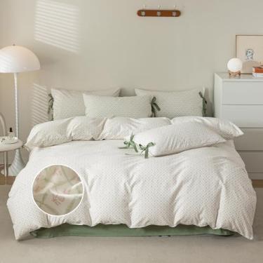 Imagem de mixinni Conjunto de capa de edredom floral vermelho tamanho GG - 100% algodão verde grade roupa de cama com laços borboleta, capa de edredom Cottagecore 3 peças (1 capa de edredom + 2 fronhas) estilo