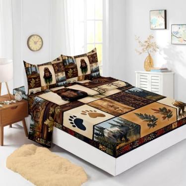 Imagem de AILONEN Jogo de cama King rústico com urso de 4 peças, caça à vida selvagem, lençol com elástico e 2 fronhas, animal da floresta retrô para decoração de quarto