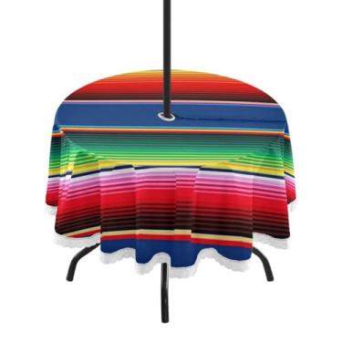 Imagem de Qilmy Toalha de mesa mexicana Serape listrada redonda impermeável de 152 cm com orifício para guarda-chuva e zíper – uso externo / interno resistente para pátio, churrascos, piqueniques, festas (serve