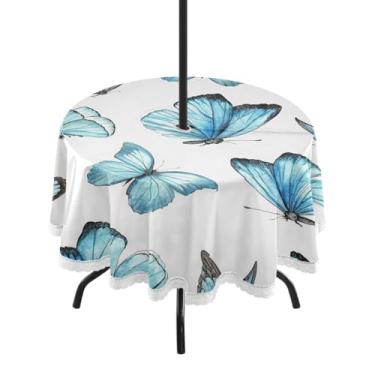 Imagem de Qilmy Toalha de mesa redonda impermeável borboleta azul aquarela 152 cm com orifício para guarda-chuva e zíper – uso externo / interno resistente para pátio, churrascos, piqueniques, festas (serve