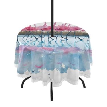 Imagem de Qilmy Flamingo Lake Toalha de mesa redonda impermeável de 152 cm com orifício para guarda-chuva e zíper – uso externo / interno resistente para pátio, churrascos, piqueniques, festas (serve para mesas