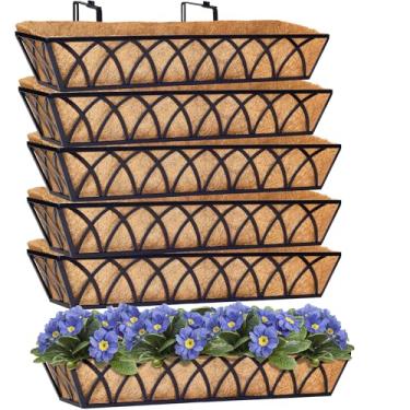 Imagem de Y&M Vaso de flores suspenso de metal de 76 cm, cesta de janela, corrimão, para jardim ao ar livre, deck de janela com forro de coco, 6 peças