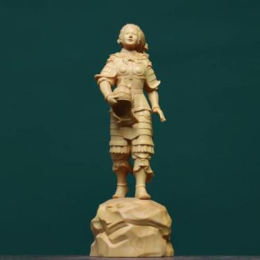 Imagem de FENNYYAR Estátua de Mulan de buxo feita à mão, 19,5 cm 19,3 cm, escultura de figura de guerreiro de madeira