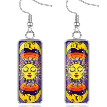 Imagem de Brincos pendentes de sol e lua celestiais, design místico, gancho de prata, formas de gota e retangular, conjunto de joias decorativas - mosaico de vidro estilo pintura a óleo, .7 inch, Aço inoxidável