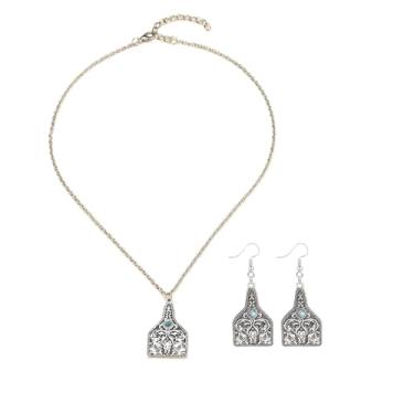 Imagem de HWJQ Conjunto de colar e brincos de cowgirl boho turquesa ocidental colar prata vaca gado etiqueta colar pingente colares para mulheres joias étnicas, Middle, Metal, Sem Pedra Preciosa