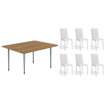 Imagem de Conjunto: Mesa Sala Jantar Iguaçu C- Tampo De Madeira 1.60cm + 6 Cadeiras Amsterdã Cromada-branco 106 - Kappesberg
