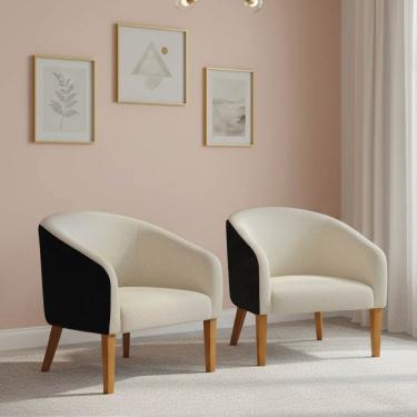 Imagem de Poltrona Sala Kit 2 Stella Pé Madeira Trapézio Sintético PU Preto Bouclê Bege D03 - D'Rossi