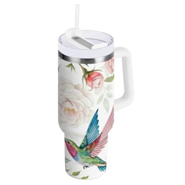 Imagem de ODAWA Garrafa de água isolada de rosas brancas beija-flores de 850 g com canudo e alça, copo com isolamento duplo