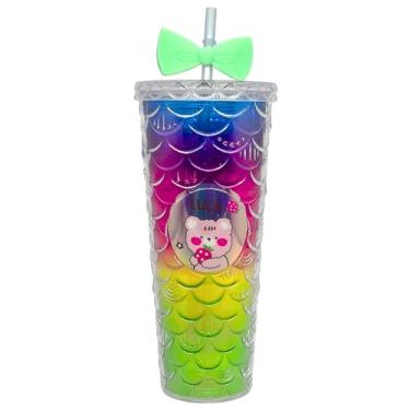 Imagem de Copo Infantil Grande com Luz LED Colorido 750ml com Canudo e Tampa, Design Escama de Peixe e Sereia para Festas, Eventos, Aniversários (Sortida Dinossauro ou Coelho)