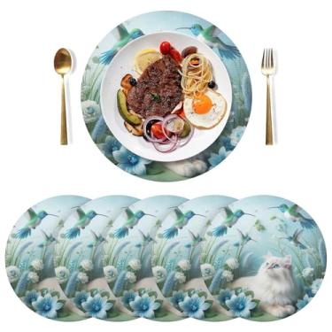 Imagem de Jogo americano de cozinha azul gato beija-flor conjunto de 6 tapetes redondos de PVC 38 cm para festa de chá lavável para festa de Natal