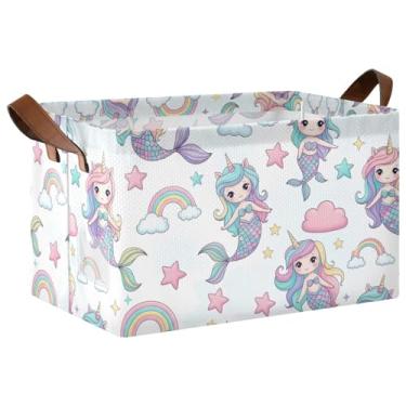 Imagem de Cesta dobrável para brinquedos de cachorro com alças, caixas de 43 x 29 x 25 cm para organização, organizador de suéter de sereia de unicórnio fofo, 1 pacote