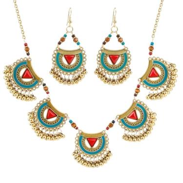 Imagem de Boêmio Vintage Oxidado Tribal Bollywood Tradicional Jhumka Conjunto de Joias Borla com Contas Gargantilha Colar Brincos Pendentes para Mulheres Noiva Festa de Casamento Moda Indiana Fantasia Presentes