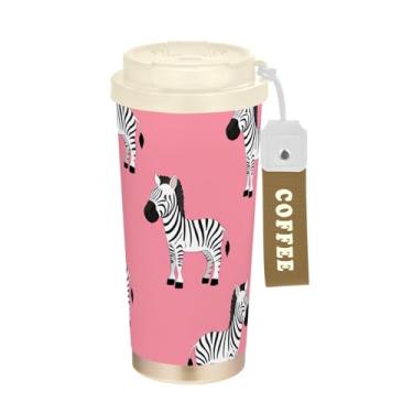 Imagem de TSENQUE Caneca de café rosa com estampa de zebras fofas de 473 ml, copo com canudo e tampa, copos de parede dupla isolados a vácuo com revestimento cerâmico para escola, escritório, festa, acampamento