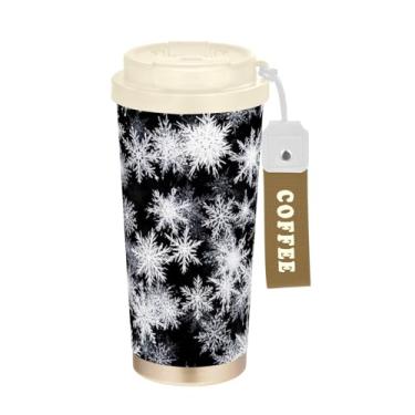 Imagem de TSENQUE Copo de café de 473 ml com canudo e tampa de filp, copo de café de viagem de aço inoxidável à prova de vazamento para escritório, escola, festa, acampamento, floco de neve, Natal, inverno