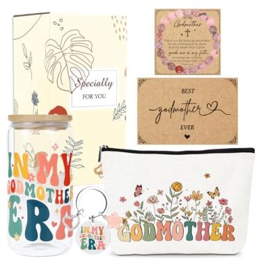 Imagem de INCOK Conjunto de presentes de madrinha da Godchild - 4 peças, presente de pedido de madrinha com copo de vidro de 473 ml, chaveiro e pulseira, presentes da era da minha madrinha para mulheres, Natal