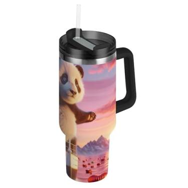 Imagem de Joisal Copo engraçado Panda Titanic Love Scene com tampa e canudos, garrafa de água isolada de aço inoxidável, copo de 1,134 g com alça à prova de derramamento, copo de café para carro