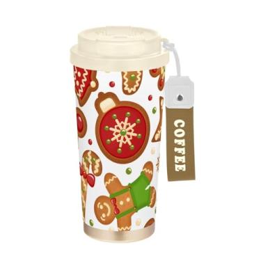 Imagem de TSENQUE Copo de café de 473 ml com tampa de canudo e filp, copo de café de aço inoxidável à prova de vazamento para escritório, escola, festa, acampamento, biscoitos de Natal comemorativos