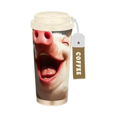 Imagem de TSENQUE Copo de café de viagem de 473 ml com tampa de canudo e filp, copo de café de aço inoxidável isolado a vácuo à prova de vazamento, porco rosa fofo vívido