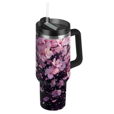Imagem de Copos rosa de flores de cerejeira com tampas e canudos, garrafas de água de aço inoxidável, isoladas, copo de 850 g com alça impressa, xícaras de café quente para carro