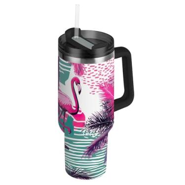 Imagem de Joisal Copos de flamingos rosa com tampas e canudos, garrafas de água de aço inoxidável, copo isolado com alça 1,134 g, copo de café engraçado para carro