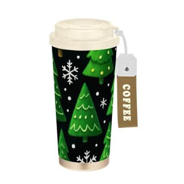 Imagem de TSENQUE Copo de café de viagem 473 ml com tampa de canudo e filp, copo de café de aço inoxidável à prova de vazamento para escritório, escola, festa, acampamento, Natal, verde, árvores, preto