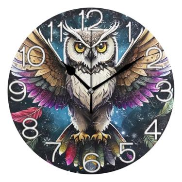 Imagem de GAIGEO Relógio de parede analógico decorativo estético silencioso sem tique-taque relógio de cozinha fofo, arte de parede boho decoração de casa, coruja colorida legal, 25 cm, ponteiros dourados