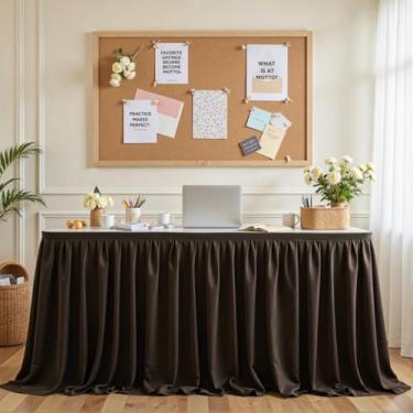 Imagem de Saia de mesa marrom para mesas retangulares de 2,7 m, saia de mesa para professores, sala de aula, babados, tecido de poliéster, saias de mesa para chá de bebê, festa de aniversário, formatura