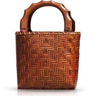 Imagem de QTKJ Bolsa de palha para mulheres, sacola de vime feita à mão na praia, alça redonda de madeira, bolsa de tecido boho retrô, bolsa de praia de grande capacidade para férias diárias, Amarelo, Large