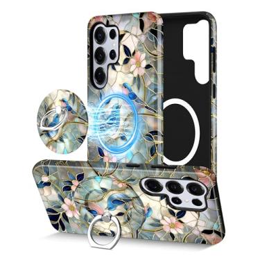 Imagem de Aitipy Capa de telefone magnética para Samsung Galaxy S25 Ultra, compatível com Magsafe, com lindo vitral flor pássaro suporte anel suporte capa protetora estética para celular para mulheres meninas