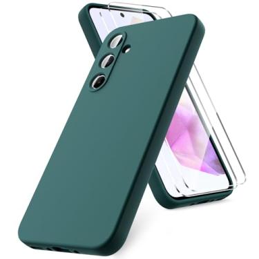 Imagem de Vansdon Capa para Samsung Galaxy A35 5G, pacote com 2 protetores de tela de vidro temperado, capa de silicone líquido TPU macio, capa de gel de silicone de borracha à prova de choque - verde
