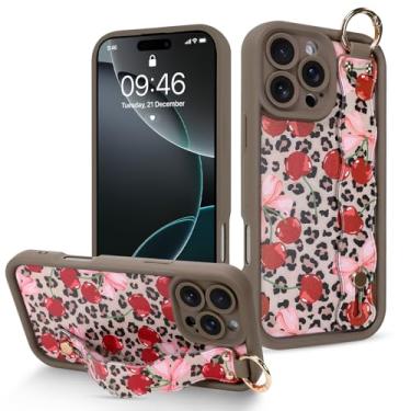 Imagem de Fiyart Capa projetada para iPhone 16 Pro com alça de pulso, linda estampa de leopardo, cheetah, laços, cereja, para mulheres e meninas, fina, TPU, à prova de choque, 15,5 cm - marrom