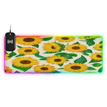 Imagem de CEBUGI Mouse pad de carregamento sem fio girassóis amarelos 15W mouse pad rápido para jogos com 14 iluminação LED RGB para jogos, PC, laptop, mesa 90,9 x 39,9 cm