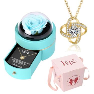 Imagem de Caixa de rosas preservada feita à mão com colar de trevo de quatro folhas, caixas de joias, poesia, rosas, presentes para mulheres, mãe, esposa, namorada, no dia dos namorados, dia das mães com cartão