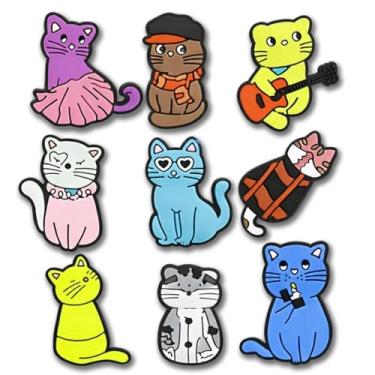 Imagem de 9 peças de pingentes de sapato de gato, pingentes de tamanco de animais fofos de desenho animado, acessórios de PVC Kawaii para meninos meninas adultos, decorações de pulseira e sandália