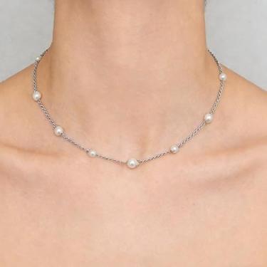 Imagem de Colar de pérolas moderno - Colares de corrente de contas em camadas elegantes minimalistas para mulheres, Medium, Metal, Sem Pedra Preciosa