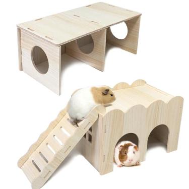 Imagem de 2 peças de esconderijo grande de madeira para hamster sírio, conjunto de túneis multicâmaras, casa de hamster, labirinto, plataforma, exploração, acessórios de gaiola de brinquedo para