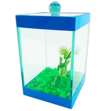 Imagem de Beteira Aquário Bettas Decorado 9x9x14cm Peixe, Enfeite Fácil Manutenção, Ideal para Quarto, Escritório Para Amantes de Peixes(Azul)
