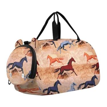 Imagem de Bolsa esportiva para meninos durante a noite para o fim de semana, bolsa de viagem para meninas, bolsa esportiva para crianças, amarelo, girassol, preto, branco, grade, Cavalos coloridos galopando
